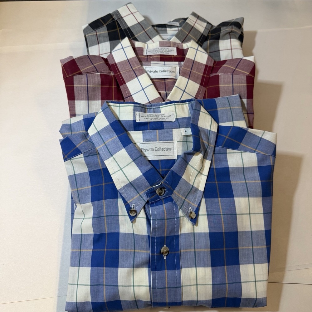 Vtg Button Down LOT of 3‎ Mens L Long Sleeve Plaid Made in Hong Kong Cotton Prep